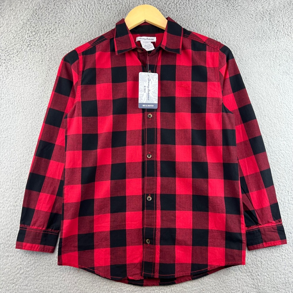 New Tommy Bahama Kids Red Black Buffalo Plaid Button Down Shirt Large 10/12